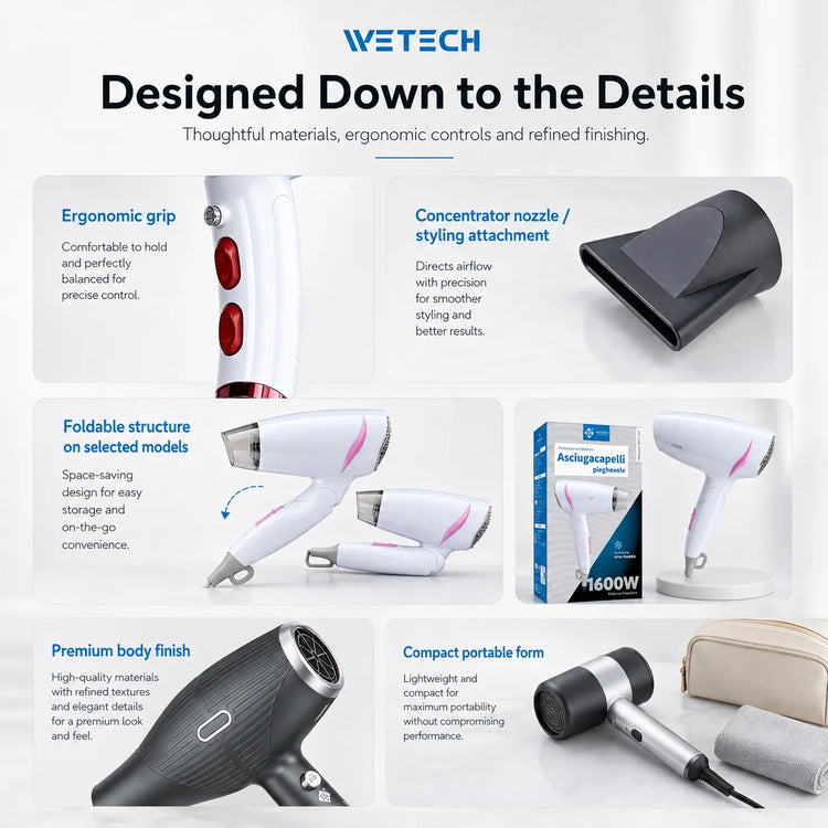 Professional Hair Dryer Collection, Foldable & Compact Household Hair Blow Dryer Series, Multi‑Power 1600‑2200W Ionic Hairdryer for Home Salon Daily Hair Styling