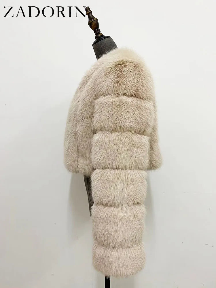 ZADORIN Luxury Cropped White Faux Fox Fur Coat Woman Clothing V Neck Long Sleeve Winter Fluffy Faux Fur Jacket Fur Coats Woman