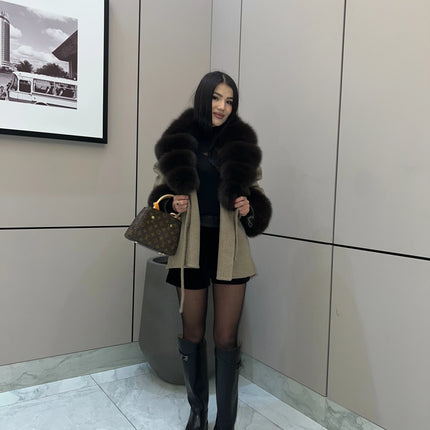 Solid Color Faux Fur Collar Cuff Wool Coat Women Belted Waist Short Jacket 2026 Winter Lady Street Daily Party Casual Outwear