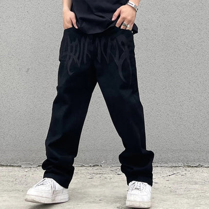 Men Y2K Embroidered High-waisted Straight Baggy Printed Jeans Hip Hop Teenager Boy Streetwear Skateboard Casual denim Trousers PlatiNum
