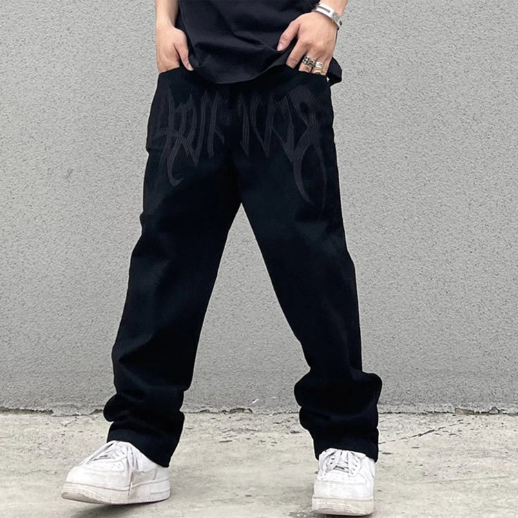 Men Y2K Embroidered High-waisted Straight Baggy Printed Jeans Hip Hop Teenager Boy Streetwear Skateboard Casual denim Trousers PlatiNum