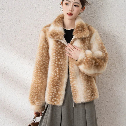 ZADORIN Luxury Mink Coat Deer Pattern Furry Faux Fur Coat Woman Stand Collar Zipper Faux Fur Jackets Winter Coats For Woman Tops
