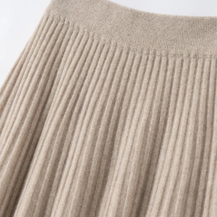 New Arrivals Women Cashmere A-line Skirt Elastic Waist Pleated Skirt 100% Cashmere Knitted Autumn Winter Thin Office Lady Dress PlatiNum