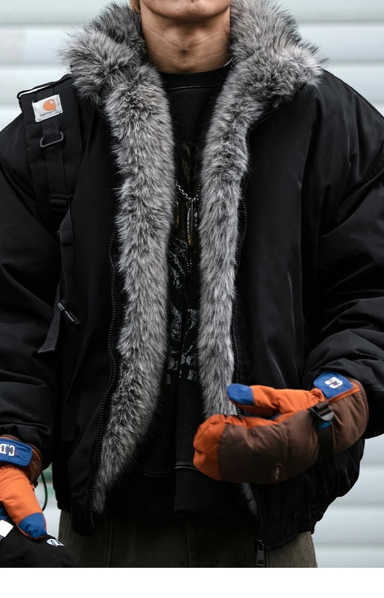 Mens Korean Streetwear Thick Warm Jacket Winter Fleece Lined Fur Collar High Quality Cold Proof Heavyweight Outdoor Thermal Coat