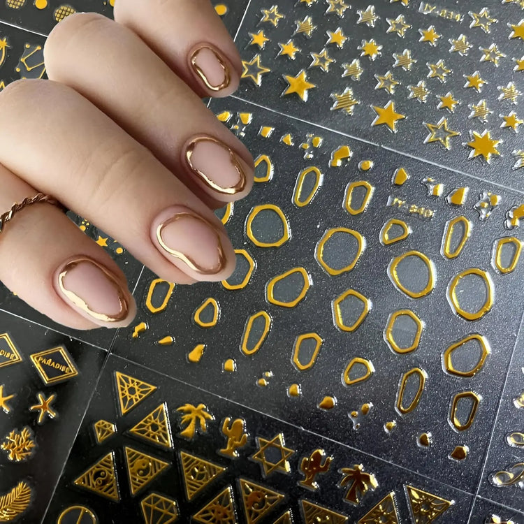 30 Sheets Gold Nail Art Stickers 3D Self‑Adhesive Nail Decals Gold Line Star Nail Stickers for Acrylic Nails Gold Leaf