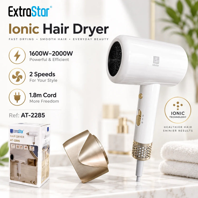 ExtraStar AT-2285 Ionic Hair Dryer 1600W-2000W 220-240V 2 Speed Hair Blower with Concentrator Nozzle 1.8m Cord