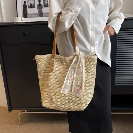 Large Capacity Summer Tote Bag, Women's Hand-Woven Shoulder Bag, Fresh Rural Style