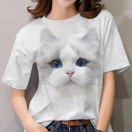 Maglietta modello gatto carino per donna Pet Animal 3D stampato maniche corte Tees estate Casual T-Shirt larghe Streetwear o - collo top - platinumshop