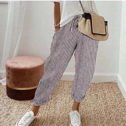 Pantaloni casual con coulisse in vita elastica stampata a righe larghe alla moda da donna europea e americana transfrontaliera estiva platinumshop