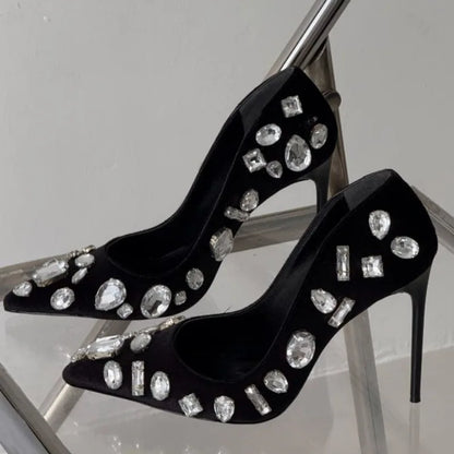 Autumn new pointed toe shallow silk rhinestone single shoes banquet dress large size thin heel high heel customized women's shoe