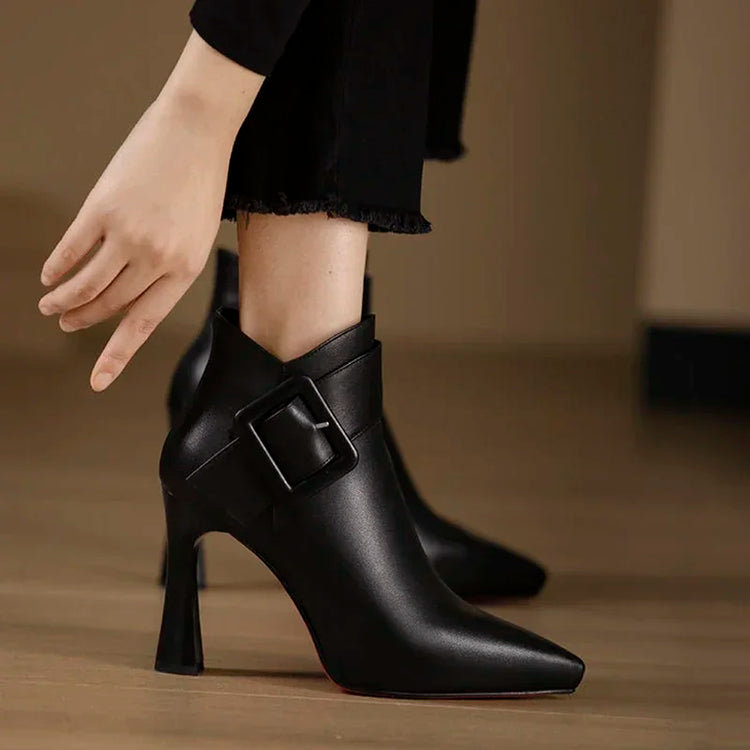 Women's Elegant High Heels Ankle Boots 2025 Spring Belt Buckle Pu Leather Short Boots Woman Plus Size 43 Thin Heeled Party Shoes