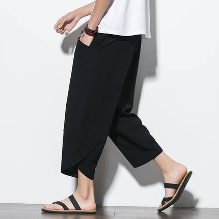 Pantaloni Estivi da Uomo 2026 Stile Cinese in Cotone e Lino, Pantaloni Harem Traspiranti da Spiaggia, Pantaloni Casual a Tre Quarti, Streetwear