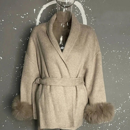 UCXQ Elegant OL Office Lady Overcoats Fur Patchwork Long Sleeve Woolen Coat Beautiful Women's Clothing Jacket Autumn 2025 Winter