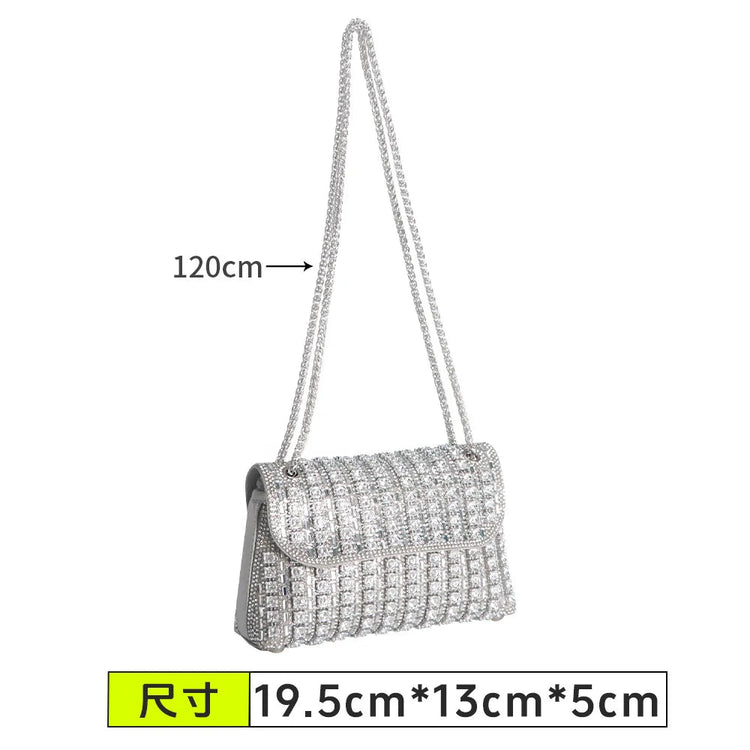 Fashionable Retro Diamond Studded Gold Chain Women's Crossbody Bag Handbag Dinner Bag Underarm Bag Single Shoulder Bag PlatiNum