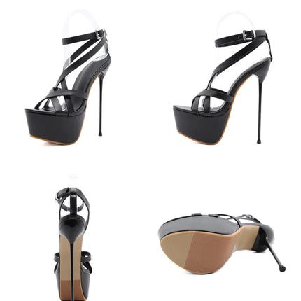 Liyke Summer Sexy 17CM Women Platform Sandals Fashion Open Toe Buckle Strap Super Thin High Heels Stripper Pole Dance Shoe Black PlatiNum