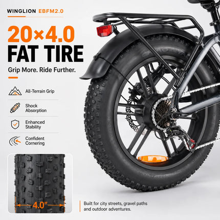 Nuova Bicicletta Elettrica Pieghevole WINGLION eb-fm2.0, Motore 720W, Batteria 48V 15AH, Pneumatici Larghi 20 "x4.0, Freno Idraulico, Ideale per Adulti, Città, Casa, Lavoro