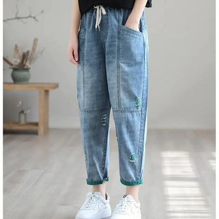 Jeans Strappati a Nove Punti da Donna, Nuovi Pantaloni Harem Casual Sottili con Vita Elastica, Lunghi alla Caviglia, in Denim, per l'Estate 2026