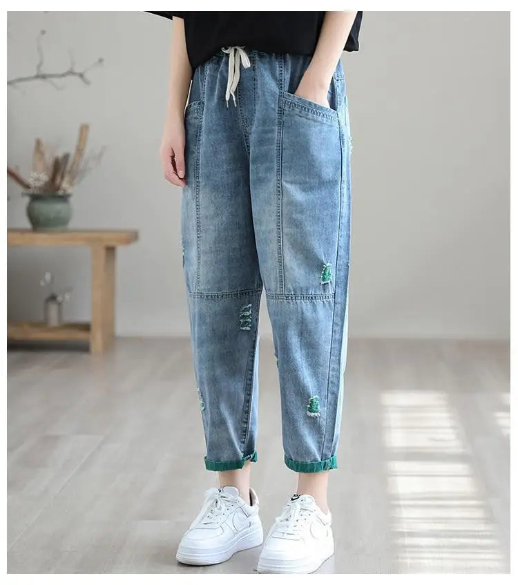 Jeans Strappati a Nove Punti da Donna, Nuovi Pantaloni Harem Casual Sottili con Vita Elastica, Lunghi alla Caviglia, in Denim, per l'Estate 2026