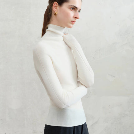 FSLE【Premium Series】German Biella Wool Autumn Super Fine Washable Seamless One-Piece Mock Neck Thermal Base Layer Shirt Women PlatiNum