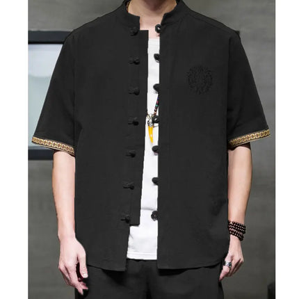 Camicie da Uomo Ricamate in Stile Cinese Retrò, Traspiranti in Lino, Comode, Casual Kung Fu, Abito Tang con Colletto Rialzato