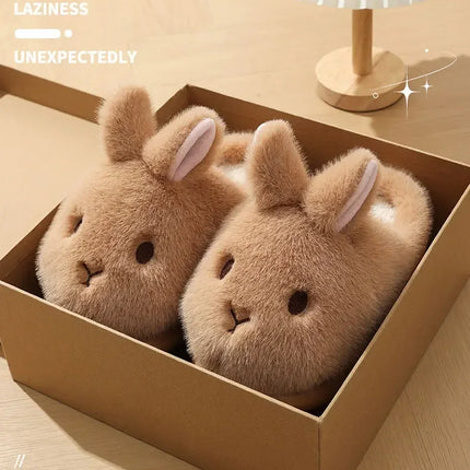 Women's Cute Rabbit Cotton Slippers Autumn and Winter Cartoon 3D Bunny with Plush Insulation, Thick Bottom, Home Plush Slippers