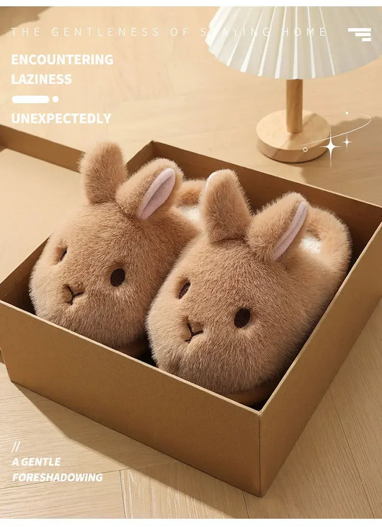 Women's Cute Rabbit Cotton Slippers Autumn and Winter Cartoon 3D Bunny with Plush Insulation, Thick Bottom, Home Plush Slippers