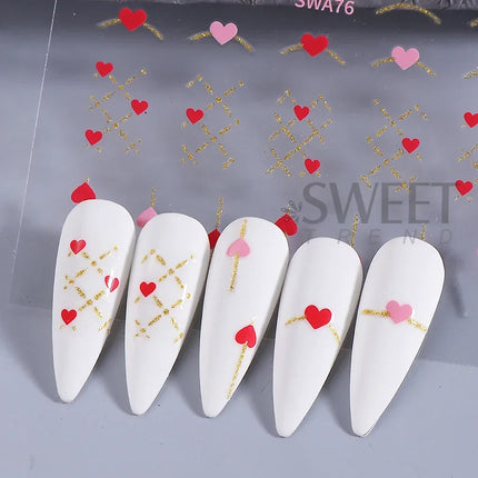 4pcs 3D Gold Heart Line Nail Art Stickers MetallicGlitter French Stripes Love Letter Romantic Valentines Holographic Decoration