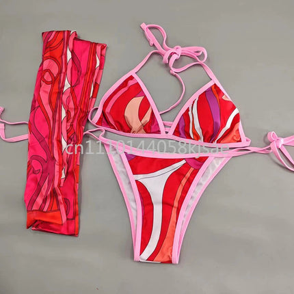 Set Bikini Rosso da Donna dal Design Classico, Costume da Bagno di Marca alla Moda con Fascia per Capelli platinumshop