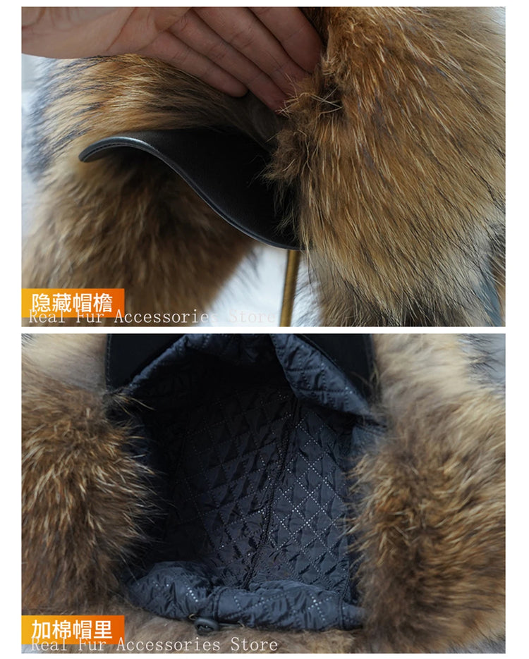 New Winter Men's 100% Real Silver Fox Fur Bomber Hat Raccoon Fur Ushanka Cap Trapper Russian Man Ski Hats Caps Real Leather