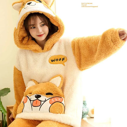 2024 New Plush Pajamas Set for Women Thick Hooded Women 2 Piece Clothes Set Cute Rabbit Women Pyjamas Coral Fleece Warm Homewear