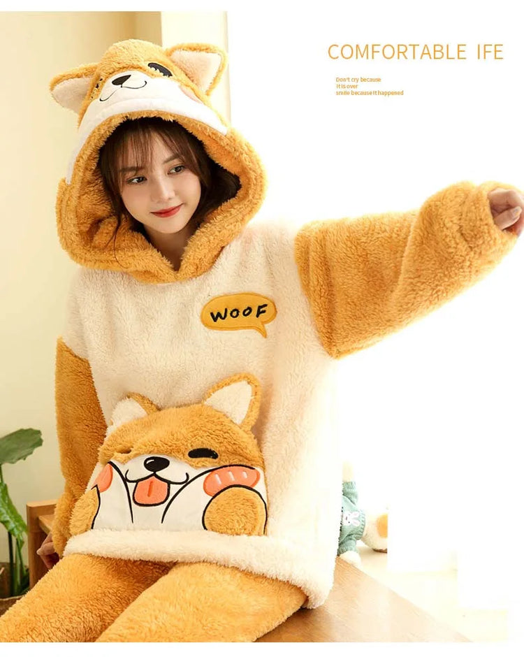 2024 New Plush Pajamas Set for Women Thick Hooded Women 2 Piece Clothes Set Cute Rabbit Women Pyjamas Coral Fleece Warm Homewear