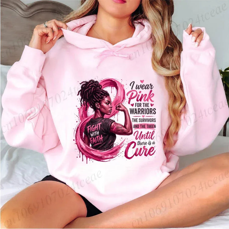 Breast Cancer Design Hoodies Black Woman Pink Ribbon Awareness Graphic Hooded Sweatshirts in October We Wear Pink Tracksuits