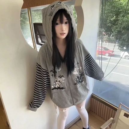 Japanese Harajuku Kawaii Long Sleeve Hoodie Women Cat Ears Sweet Sweatshirt Lace Striped Zipper Casual Cartoon 2025 Autumn