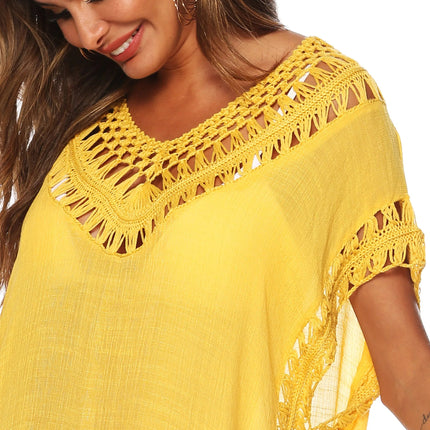 Abbigliamento da spiaggia taglie forti per donna Capispalla estivo lavorato a maglia con scollo a V Bikini Cover Up Tunica gialla Pareo Costume da bagno Coverd Abito grande XXL platinumshop