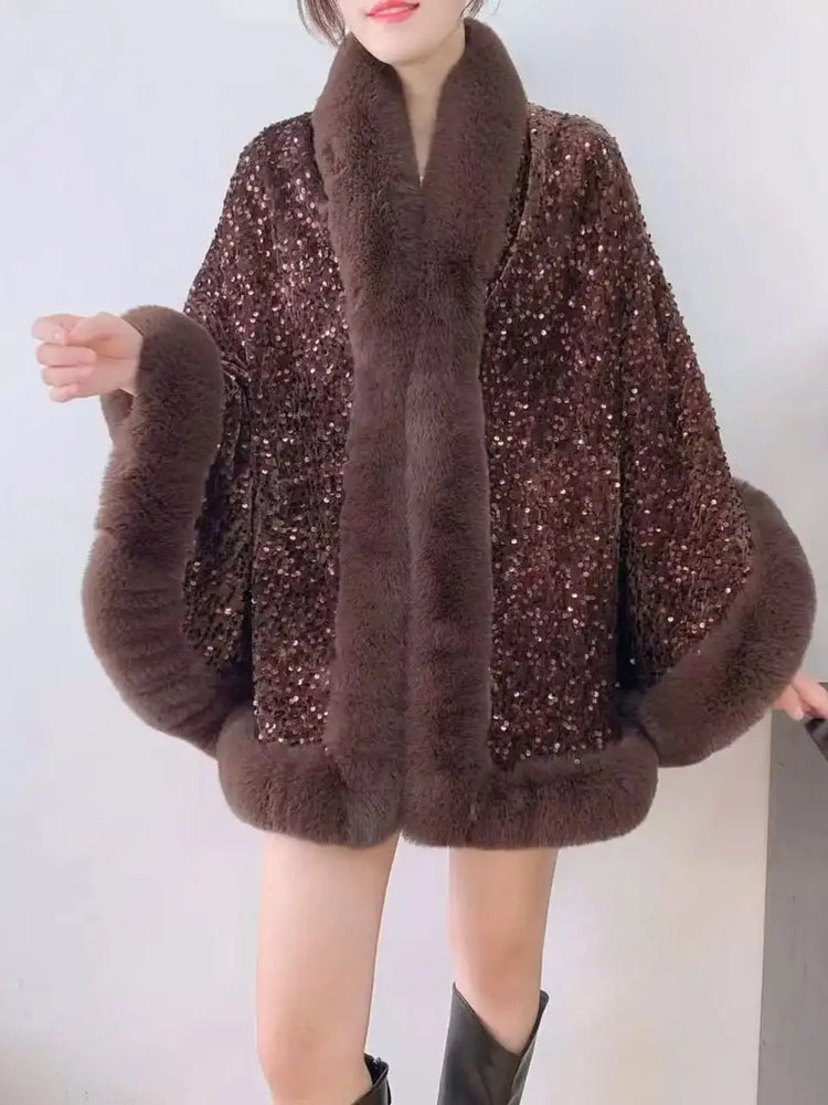 ZADORIN Fashion Sequins Long Furry Warm Faux Fur Coat Woman Autumn Winter Fur Cape Ponch Wedding Party Fur Shawl Cloak Cardigans