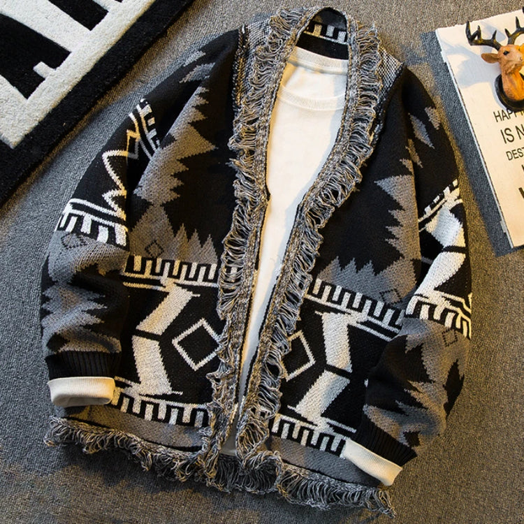 Autumn Ethnic Style V-neck Knitted Cardigan Sweater Men's Loose Casual High Street Personalized Knitted Jackets Male Clothes