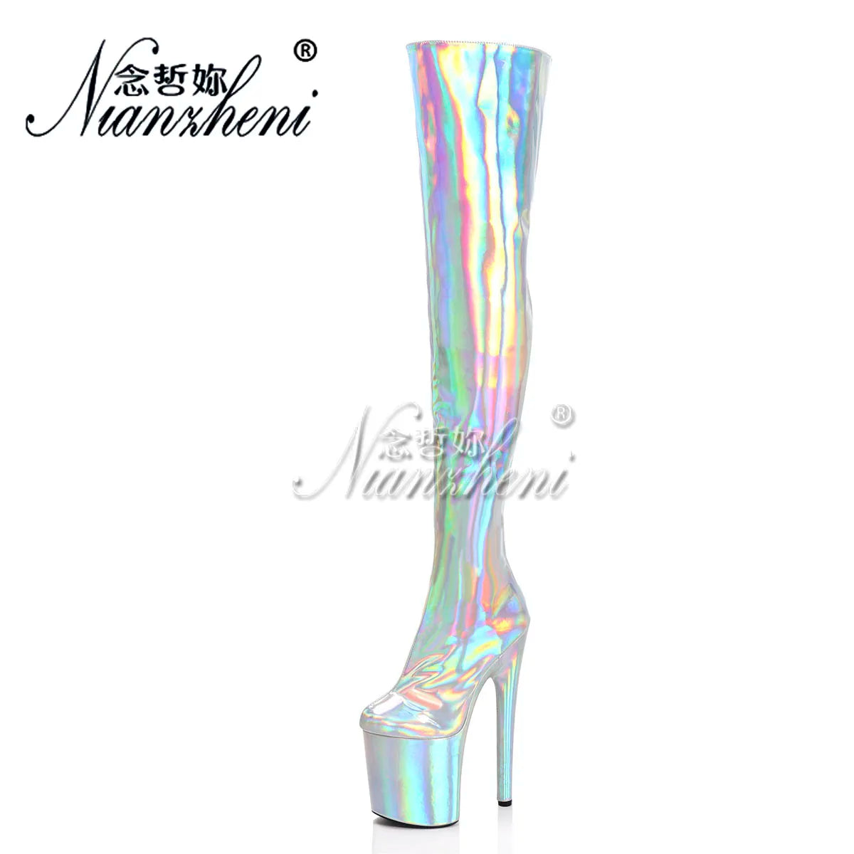 Sexy Silver Laser 8Inch Pole Dance Shoes Platform Crossdresser Over The Knee Boots Fetish Gothic 20cm Exotic Stripper Heels