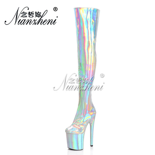 Sexy Silver Laser 8Inch Pole Dance Shoes Platform Crossdresser Over The Knee Boots Fetish Gothic 20cm Exotic Stripper Heels