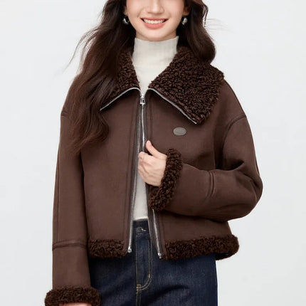 SENTUBILA Women's Faux Suede Coat Plush Lapel Zipper Faux Leather Cropped Jacket 2026 Winter Retro Ladies Outerwear W54PD5913