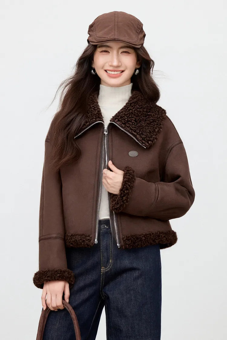 SENTUBILA Women's Faux Suede Coat Plush Lapel Zipper Faux Leather Cropped Jacket 2026 Winter Retro Ladies Outerwear W54PD5913