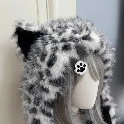Cute Snow Leopard Ear Warmer for Ladies Chic Outdoor Windproof Ear Protection Hats Fluffy Warm Ear Caps Autumn Winter Head Hat