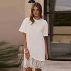 Abito T-Shirt con Pizzo e Orlo Asimmetrico, Maniche Corte, Girocollo, Vestito Mini Casual e Comodo,