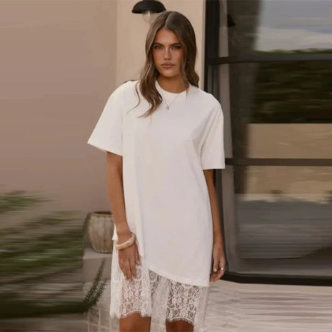 Robe T-Shirt avec Dentelle et Ourlet Asymétrique, Manches Courtes, Col Rond, Robe Mini Décontractée et Confortable,