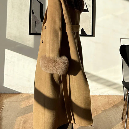 Autumn Winter Korean High-end Real Fox Fur Sleeves Women Black Slim Fit Waist Cinched Double-sided Wool Coat Long Woolen Coat