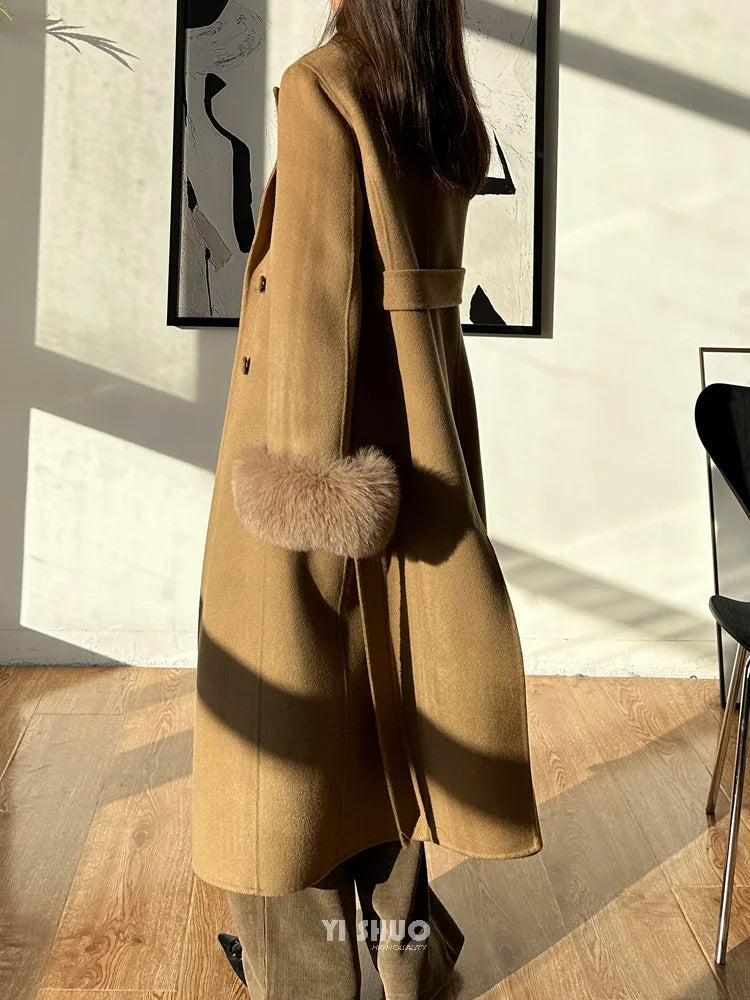 Autumn Winter Korean High-end Real Fox Fur Sleeves Women Black Slim Fit Waist Cinched Double-sided Wool Coat Long Woolen Coat