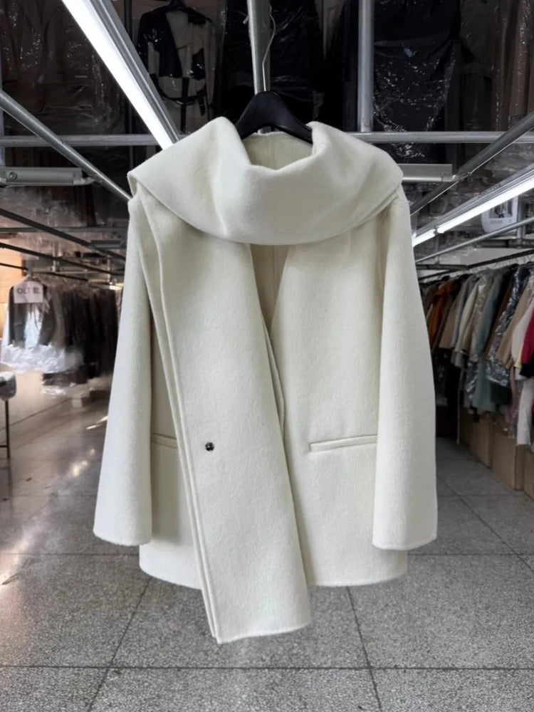 Scarf Collar 100%Wool Coat Women, Korean Fashion Elegant Outerwear, Loose Autumn Winter Jacket