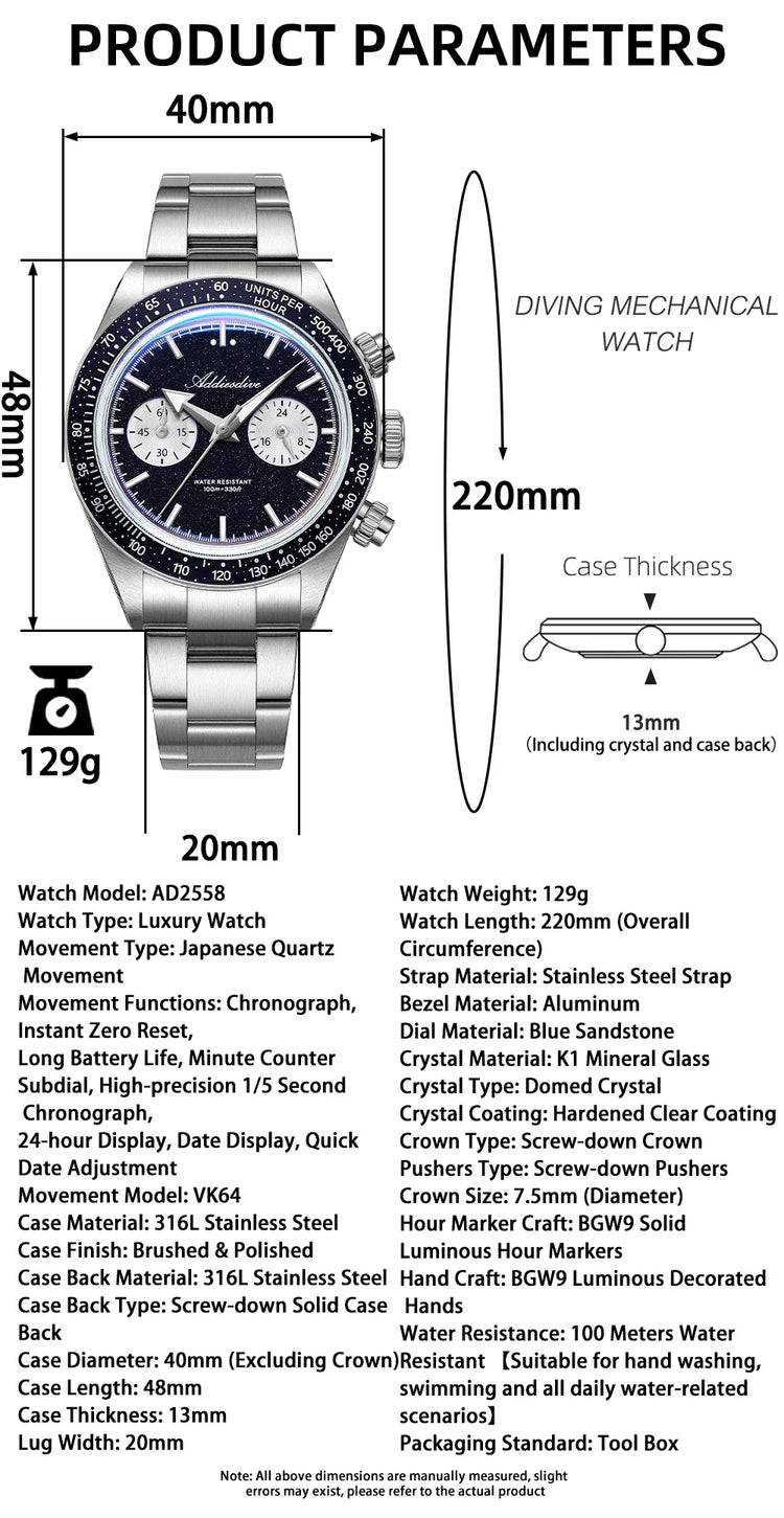 ADDIESDIVE Luxury Mens Watch New AD2558 VK64 Quartz Chronograph Stainless Steel Blue Sandstone Dial Luminous 100M Waterproof