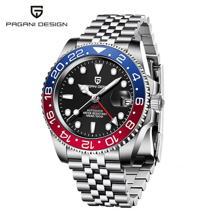 PAGANI DESIGN Pepsi GMT Orologio automatico da uomo 100M impermeabile quadrante nero luminoso cinturino Jubilee in acciaio inossidabile orologi da polso meccanici sportivi di lusso per uomo PD-1662 Relojes Hombres+Confezione