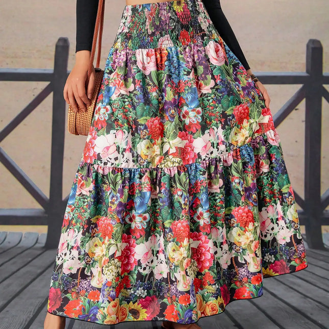 Damen Maxikleid mit Blumenmuster, geraffter Taille und Volants, ideal für Urlaub und Strand, lässiger Stil