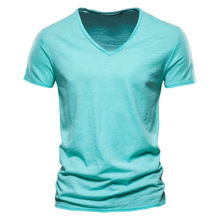 Men's 100% Cotton Branded Quality T-shirt V-Neck Fashion Design Slim Fit Solid Men's T-shirt Top Tees Short Sleeve T-shirt for Men